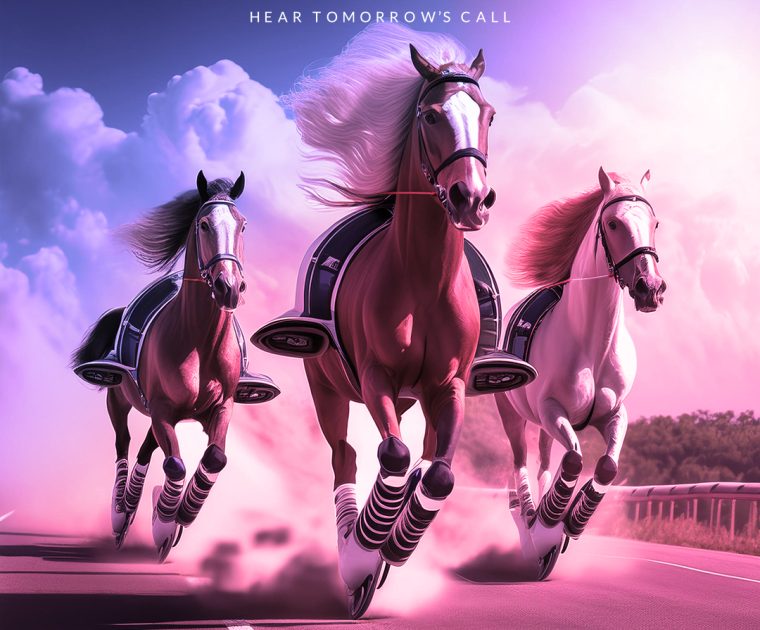 three horses with wheels... to make them go faster...